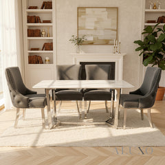 Loki 1.6m White Sintered Stone Chrome Dining Table with 4 Oskar Dark Grey Velvet Chairs