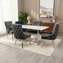 Loki 1.6m White Sintered Stone Chrome Dining Table with 4 Oskar Dark Grey Velvet Chairs