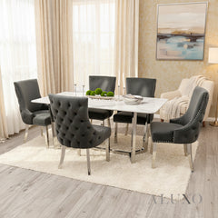 Loki 1.6m White Sintered Stone Chrome Dining Table with 4 Oskar Dark Grey Velvet Chairs