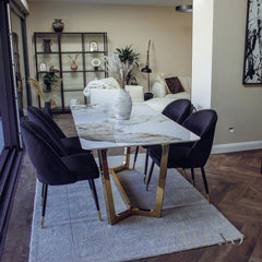 Loki 1.8m Gold Dining Set ā Cream Sintered Stone Table with 4/6 Bjorn Black Velvet Chairs