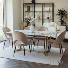 Loki 1.8m Gold Dining Set ā Cream Sintered Stone Table with 4/6 Bjorn Champagne Velvet Chairs