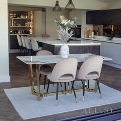Loki 1.8m Gold Dining Set ā Cream Sintered Stone Table with 4/6 Bjorn Champagne Velvet Chairs