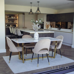 Loki 1.8m Gold Dining Set ā Cream Sintered Stone Table with 4/6 Bjorn Champagne Velvet Chairs