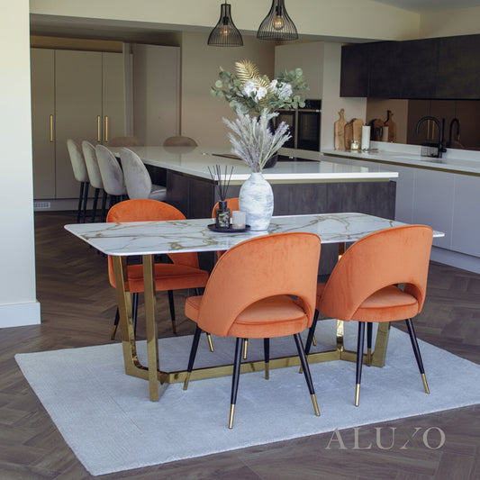 Loki 1.8m Gold Dining Set – Cream Sintered Stone Table with 4/6 Bjorn Rust Velvet Chairs