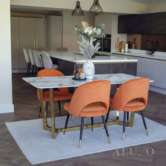 Loki 1.8m Gold Dining Set ā Cream Sintered Stone Table with 4/6 Bjorn Rust Velvet Chairs