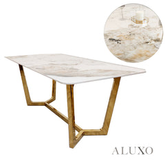 Loki 1.8m Rectangular Gold Dining Set ā Cream Sintered Stone Table with 4/6 Olivia Velvet Chairs