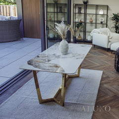 Loki 180cm Cream Sintered Stone Dining Table with Gold Y-Leg Stand