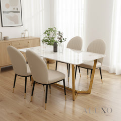 Loki 1.8m Gold Dining Set โ Cream Sintered Stone Table with 4/6 Olle Beige Leather Chairs
