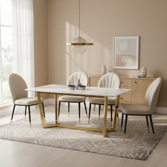 Loki 1.8m Gold Dining Set โ Cream Sintered Stone Table with 4/6 Olle Beige Leather Chairs