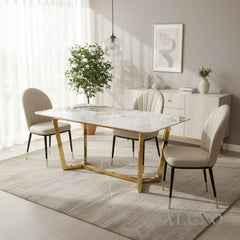Loki 1.8m Gold Dining Set โ Cream Sintered Stone Table with 4/6 Olle Beige Leather Chairs