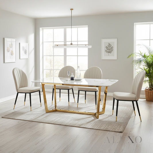 Loki 1.8m Gold Dining Set – Cream Sintered Stone Table with 4/6 Olle Beige Leather Chairs