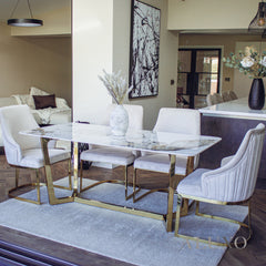 Loki 1.8m Rectangular Gold Dining Set ā Cream Sintered Stone Table with 4/6 Olivia Velvet Chairs