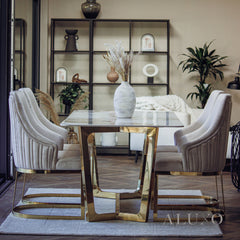 Loki 1.8m Rectangular Gold Dining Set ā Cream Sintered Stone Table with 4/6 Olivia Velvet Chairs