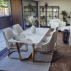 Loki 1.8m Rectangular Gold Dining Set ā Cream Sintered Stone Table with 4/6 Olivia Velvet Chairs