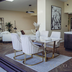 Loki 1.8m Rectangular Gold Dining Set ā Cream Sintered Stone Table with 4/6 Olivia Velvet Chairs