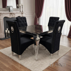 Lorens 100cm Square Chrome Dining Table – Modern Black & Gold Marble Top