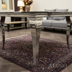 Lorens 100cm Square Chrome Dining Table – Modern Black & Gold Marble Top