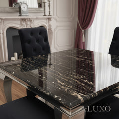 Lorens 100cm Square Chrome Dining Table – Modern Black & Gold Marble Top