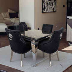 Lorens 100cm Square Chrome Dining Table – Modern Black & Gold Marble Top