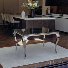 Lorens 100cm Square Chrome Dining Table – Modern Black & Gold Marble Top