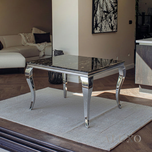 Lorens 100cm Square Chrome Dining Table – Modern Black & Gold Marble Top