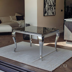 Lorens 100cm Square Chrome Dining Table – Modern Black & Gold Marble Top