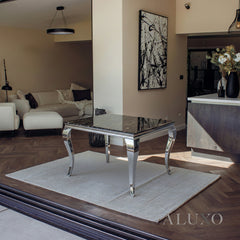 Lorens 100cm Square Chrome Dining Table – Modern Black & Gold Marble Top