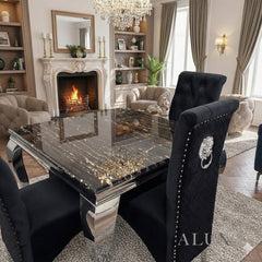 Lorens 1m Square Chrome Dining Set โ Black & Gold Marble with 4 Einar Velvet Chairs