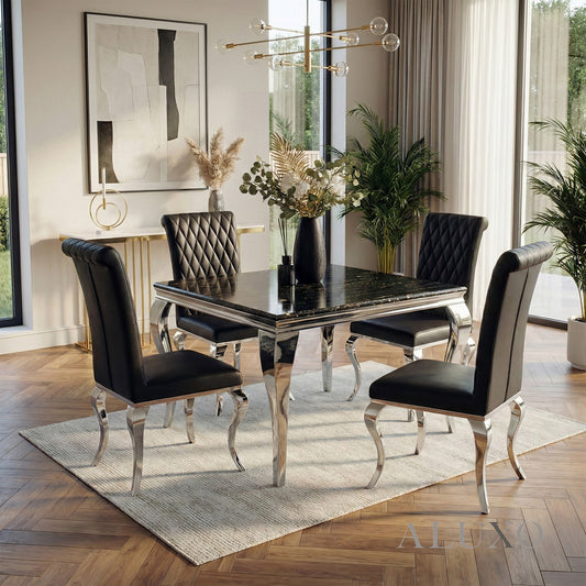Lorens 1m Square Black & Gold Marble Chrome Dining Table with 4 Niklas Leather Chairs