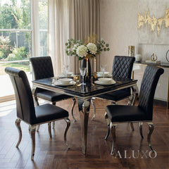 Lorens 1m Square Black & Gold Marble Chrome Dining Table with 4 Niklas Leather Chairs