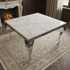 Lorens 1m Square Chrome Dining Set – White Marble Table with 4 Oskar Dark Grey Velvet Chairs