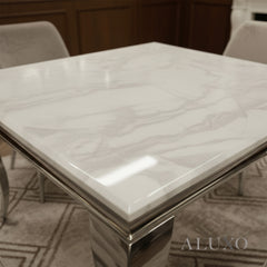 Lorens 100cm Square Chrome Dining Table – Modern White Marble Top