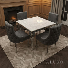 Lorens 100cm Square Chrome Dining Table – Modern White Marble Top