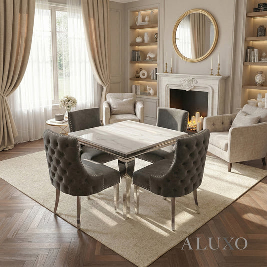 Lorens 1m Square Chrome Dining Set – White Marble Table with 4 Oskar Dark Grey Velvet Chairs