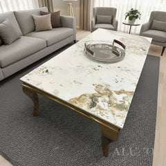 Lorens 130cm Gold Coffee Table – Cream Marble Top with Curved Gold Legs, Modern Living Room Centrepiece