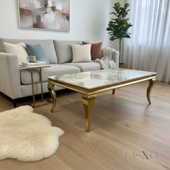 Lorens 130cm Gold Coffee Table – Cream Marble Top with Curved Gold Legs, Modern Living Room Centrepiece