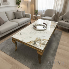 Lorens 130cm Gold Coffee Table – Cream Marble Top with Curved Gold Legs, Modern Living Room Centrepiece