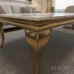 Lorens 130cm Gold Coffee Table – Cream Marble Top with Curved Gold Legs, Modern Living Room Centrepiece