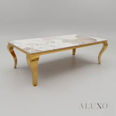 Lorens 130cm Gold Coffee Table – Cream Marble Top with Curved Gold Legs, Modern Living Room Centrepiece