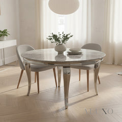 Lorens 130cm Round Light Grey Marble Dining Table with Chrome 4-Leg Base