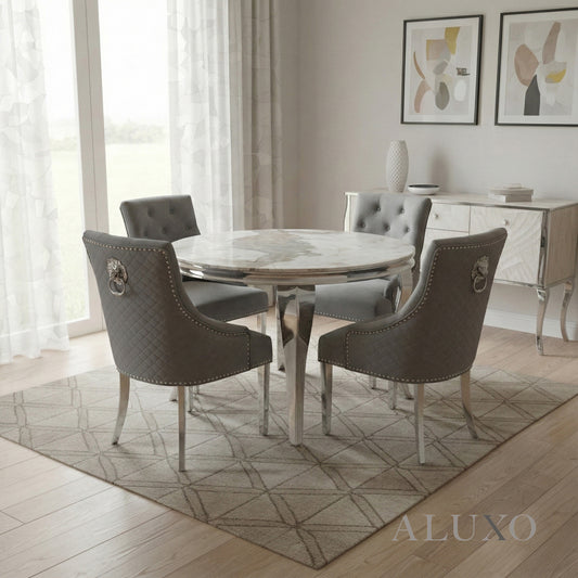 Lorens 1.3m Round Chrome Dining Set – Cream Marble Table with 4 Bentley Grey Velvet Chairs