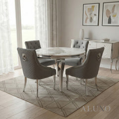 Lorens 1.3m Round Chrome Dining Set โ Light Grey Marble Table with 4 Bentley Grey Velvet Chairs