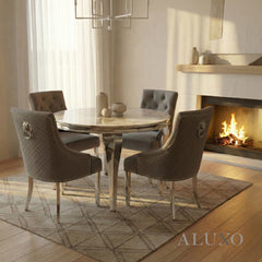 Lorens 1.3m Round Chrome Dining Set โ Light Grey Marble Table with 4 Bentley Grey Velvet Chairs