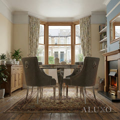 Lorens 1.3m Round Chrome Dining Set โ Light Grey Marble Table with 4 Bentley Grey Velvet Chairs