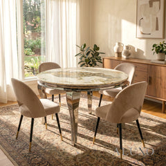 Lorens 1.3m Round Chrome Dining Set โ Cream Marble with 4 Bjorn Beige Velvet Chairs