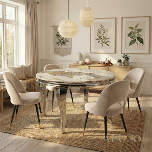 Lorens 1.3m Round Chrome Dining Set – Cream Marble with 4 Bjorn Beige Velvet Chairs