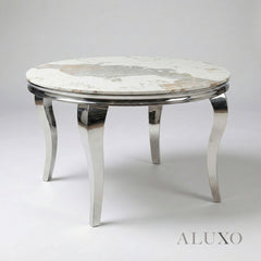 Lorens 1.3m Round Chrome Dining Set โ Light Grey Marble Table with 4 Bentley Grey Velvet Chairs