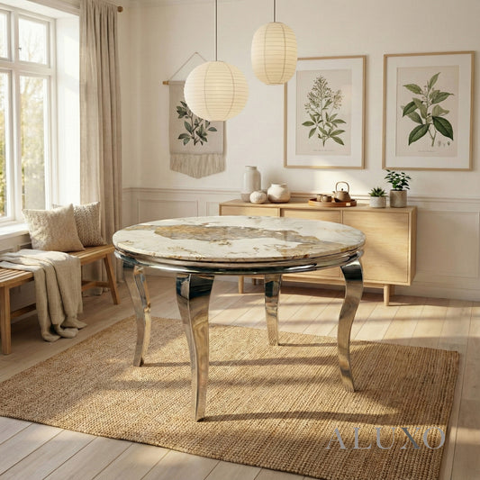 Lorens 130cm Round Cream Marble Dining Table with Chrome 4-Leg Base