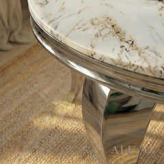 Lorens 1.3m Round Chrome Dining Set – Cream Marble Table with 4 Bentley Grey Velvet Chairs