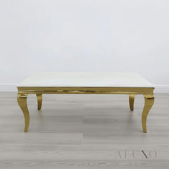 Lorens 130cm Gold Coffee Table – White Marble Top with Curved Gold Legs, Modern Living Room Centrepiece